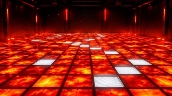 Código Rojo: sala de el suelo es lava en Móstoles (Madrid) con baldosas LED rojas y naranjas