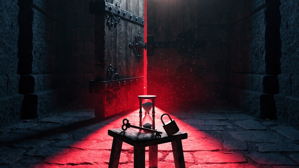 Escape room en Madrid: puerta misteriosa con luz roja en Reversum Room Escape, Móstoles