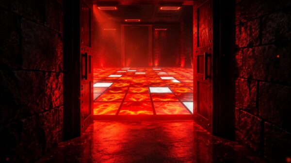 Entrada a la sala de el suelo es lava de Reversum Room Escape en Móstoles, Madrid